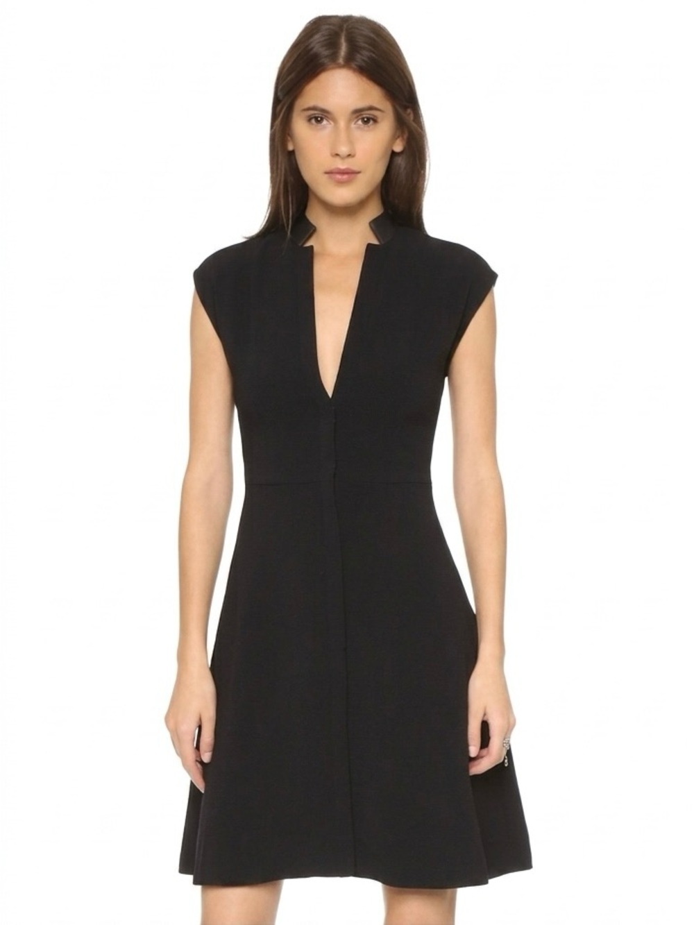 Alice + Olivia Black Ellis Leather Trim Collar Deep V-Neck Mini Dress Size 4